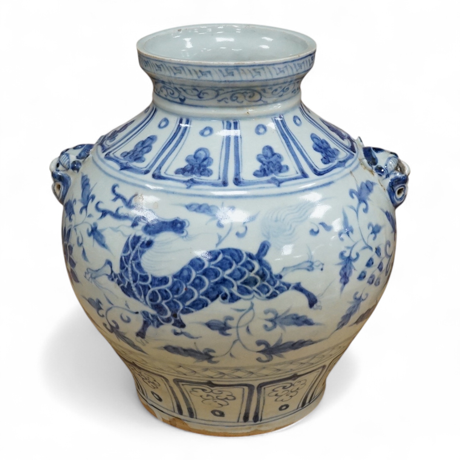 A Chinese blue and white bulbous jar hand painted with animals, 28cm high